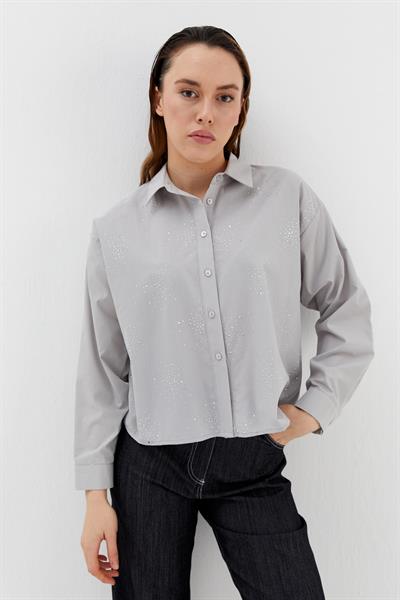 Yoğun Serpme Taşlı Poplin Gömlek Gri