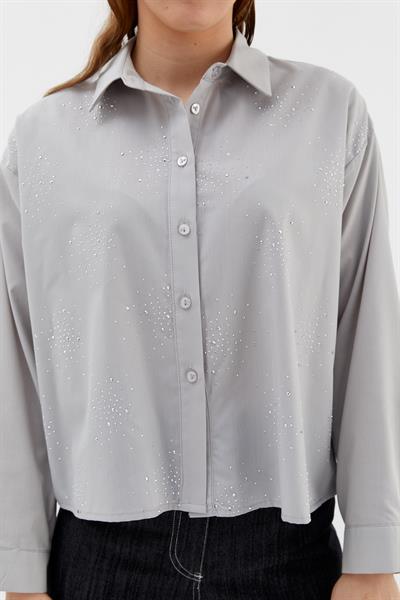 Yoğun Serpme Taşlı Poplin Gömlek Gri