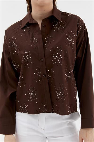 Yoğun Serpme Taşlı Poplin Gömlek Kahverengi