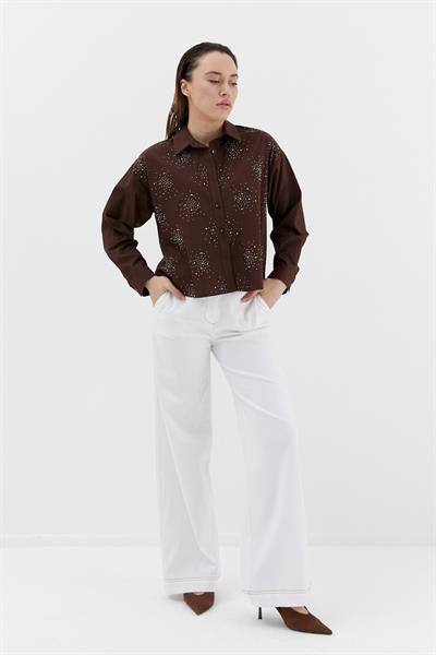 Yoğun Serpme Taşlı Poplin Gömlek Kahverengi