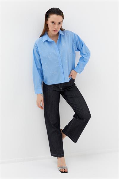Yoğun Serpme Taşlı Poplin Gömlek Mavi