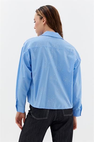 Yoğun Serpme Taşlı Poplin Gömlek Mavi