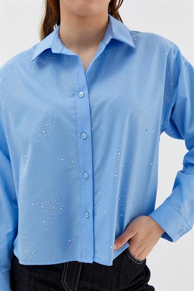 Yoğun Serpme Taşlı Poplin Gömlek Mavi