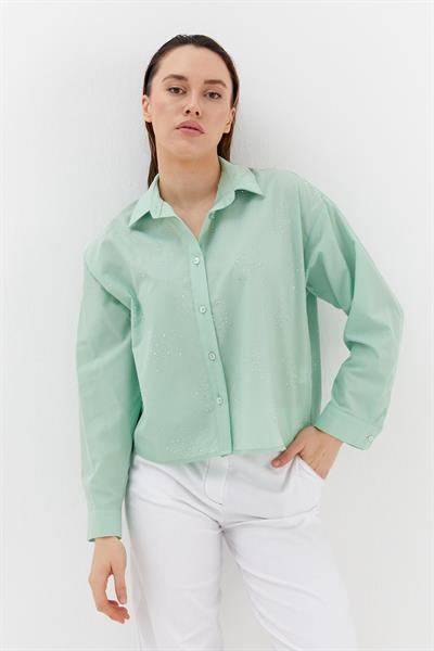 Yoğun Serpme Taşlı Poplin Gömlek Mint
