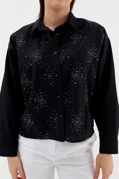 Yoğun Serpme Taşlı Poplin Gömlek Siyah