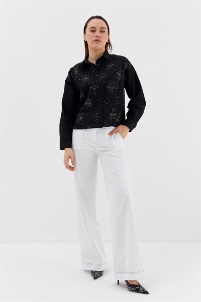 Yoğun Serpme Taşlı Poplin Gömlek Siyah