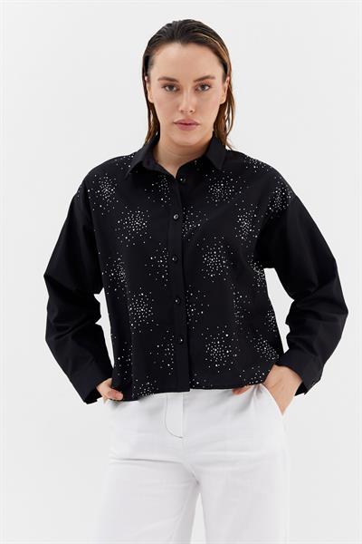Yoğun Serpme Taşlı Poplin Gömlek Siyah