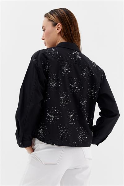 Yoğun Serpme Taşlı Poplin Gömlek Siyah