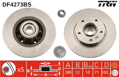 (ADET FİYATTIR) FREN DİSKİ ARKA TEKER RULMANLI 5 BİJON, 280 MM RENAULT TRAFİC II 1.9 DCİ 01=> 