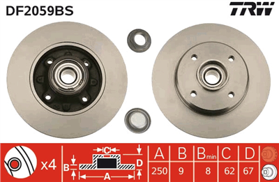 (ADET FİYATTIR) FREN DİSKİ ARKA TEKER RULMANLI 4 BİJON, 250 MM CITROEN C3 II 1.1 İ 09-13, 1.4 09-16, 1.4-1.6 VTİ 09=>, 1.4-1.6 HDİ 09=>, C4 I 1.4-1.6 16V 04-11, 1.6 VTİ 08-11, 1.6 THP 08-11, 2.0 16V 04-11, 1.6-2.0 HDİ 04-11 
