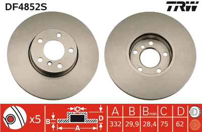 (ADET FİYATTIR) FREN DİSKİ ÖN HAVA KANALLI, BOYALI, 5 BİJON,332 MM BMW X5 3.0 Sİ 06-08, CDRİVE 30 D 08-18, XDRİVE 35 İ 13-18 