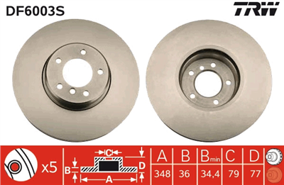 (ADET FİYATTIR) FREN DİSKİ ÖN HAVA KANALLI, 5 BİJON, 348 MM BMW 5 550 İ 05-09, 535 D 04-10, 6 650 İ 05-10, 635 D 07-10 
