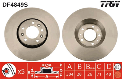 (ADET FİYATTIR) FREN DİSKİ ÖN HAVA KANALLI, BOYALI, 5 BİJON, 304 MM FIAT SCUDO 2.0 D MULTİJET 07=> 
