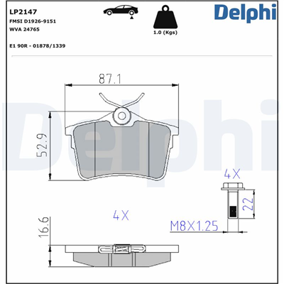 FREN BALATASI ARKA CITROEN BERLINGO 1.2/1.6 08 =>, PEUGEOT 308 I 1.4/1.6 07-14, 308 SW 1.4/1.6 07-14, PARTNER TEPEE 1.6 08 => 