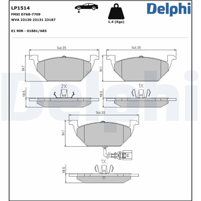 FREN BALATASI ÖN FİŞLİ AUDI, SEAT, SKODA, VW GOLF IV 1.6/1.8/2.0 98-05, GOLF V 1.4/1.6/1.9/2.0 04-08, GOLF VI 1.4/1.6/1.8 08-12, GOLF SPORTSVAN 14 =>, GOLF PLUS 1.2/1.4/1.6 05-13, JETTA III 1.4/1.6/2.0 04-10, JETTA IV 1.2/1.4/1.6/1.8/2.0 10-17 