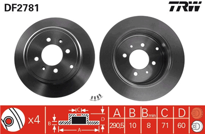 FREN DİSKİ ARKA 4 BİJON, BOYALI, 290,5 MM PEUGEOT 406 1.6 95-04, 1.8 16V 00-04, 1.9 D 96-04, 1.9 TD 95-04, 2.0 16V 95-04, 2.0 T 96-04 