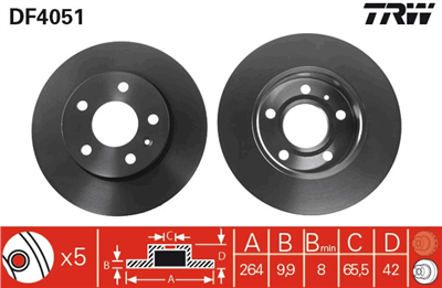 FREN DİSKİ ARKA 5 BİJON, BOYALI, 264 MM OPEL ASTRA G 2.0 Dİ 98-05, 2.0-1.8 16V 98-05 