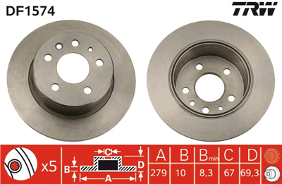 FREN DİSKİ ARKA 5 BİJON, BOYALI, 279 MM MERCEDES-BENZ SEDAN 200 76-85, 230 76-81, 230 E 80-85, 250 76-85, 280 76-81, 280 E 76-85, 200 D 76-85, 220 D 76-79, 240 D 76-85, 300 D 76-85, 300 TD 81-85 