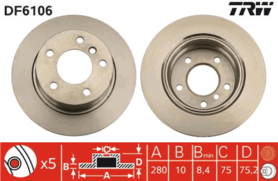 FREN DİSKİ ARKA BOYALI, 5 BİJON, 280 MM BMW Z4 2.0 İ 05-09, 2.2 İ 03-05, 2.5 İ 02-09 