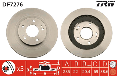 FREN DİSKİ ÖN HAVA KAALLI, BOYALI, 5 BİJON, 285 MM MITSUBISHI PAJERO PININ 1.8 01-07, 1.8 GDİ 99-01, 2.0 GDİ 00-07 