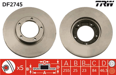 FREN DİSKİ ÖN HAVA KANALLI, 5 BİJON, 255 MM TOYOTA HİACE IV 2.0 89-98 