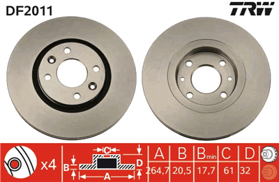 FREN DİSKİ ÖN HAVA KANALLI, BOYALI, 4 BİJON, 265 MM RENAULT 21 2.2 89-94, 2.2 4X4 90-94 