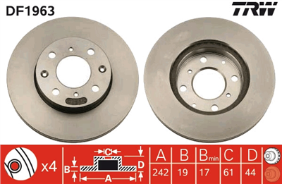 FREN DİSKİ ÖN HAVA KANALLI, BOYALI, 4 BİJON, 242 MM HONDA CİVİC IV HB 1.5 İ 16V 88-91, 1.6İ 16V 87-91, CRX II 1.6 İ 16V 87-92, CRX III 1.6 ESİ 92-98, İNTEGRA HB 1.5 85-89, 1.6 86-89 