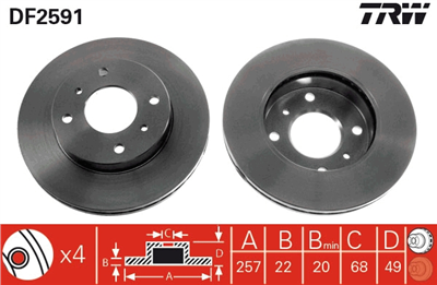 FREN DİSKİ ÖN HAVA KANALLI , BOYALI, 4 BİJON, 257 MM NISSAN 200 SX 1.8 88-94, 1.8 T 88-93 