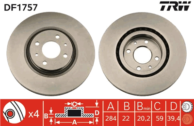 FREN DİSKİ ÖN HAVA KANALLI, BOYALI, 4 BİJON, 284 MM ALFA ROMEO 145 1.8 İ.E. 16V T.S. 96-98, 1.8 İ.E. 16V 98-01, 2.0 16V T.S. 95-01, 2.0 16V 98-01 