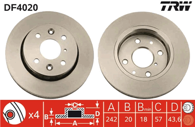 FREN DİSKİ ÖN HAVA KANALLI, BOYALI, 4 BİJON, 242 MM KIA SEPHIA 1.5 İ 96-97, 1.6 İ 95-97, 1.8 İ 16V 95-97 