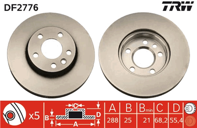 FREN DİSKİ ÖN HAVA KANALLI, BOYALI, 5 BİJON, 288 MM FORD GALAXY 2.0 İ 95-06, 2.3 16V 97-06, 2.8 İ V6 95-00, 1.9 TDİ 95-06 