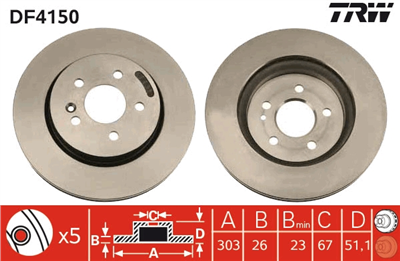FREN DİSKİ ÖN HAVA KANALLI, BOYALI, 5 BİJON, 303 MM MERCEDES-BENZ M SERİSİ ML 230-430 98-05, ML 320 98-02, ML 270 CDİ 99-05 