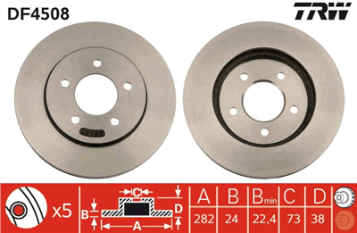 FREN DİSKİ ÖN HAVA KANALLI, BOYALI, 5 BİJON , 282 MM CHRYSLER VOYAGER II 2.0-2.4 İ 95-01, 2.4 AWD 97-01, 3.0 95-01, 3.3 , 95-01, 3.8 İ AWD 95-01, 3.8 97-00, 3.8 İ AWD 95-01, DODGE CARAVAN II 2.5 TD 95-01, 2.4 00-07 