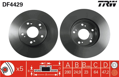 FREN DİSKİ ÖN HAVA KANALLI, BOYALI, 5 BİJON, 280 MM HONDA ACCORD VII 2.0 03-08, 2.2 İ-CTDİ 04-08 