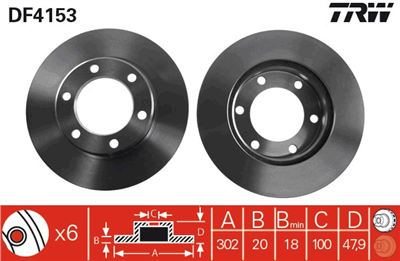 FREN DİSKİ ÖN HAVA KANALLI, BOYALI, 6 BİJON, 302 MM TOYOTA LAND CRUISER 4.0 84-92, 4.0 D 81-89, 4.0 TD 85-89, 2.4 84-96, 2.4 TD 90-93 