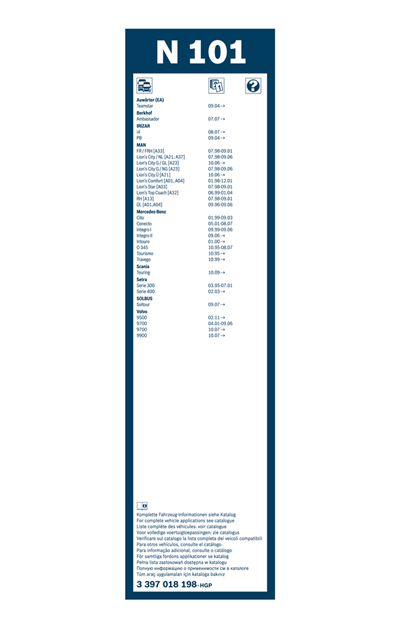 SİLECEK SÜPÜRGESİ ÖN TWIN 1000MM MERCEDES-BENZ CİTO 99=>, CONNECTO 01=>, İNTEGRO M 06=>, İNTEGRO 13=>, İNTEGRO L 06=>, TRAVEGO 99=>, TOURİSMO 95=>, İNTOURO 05=>, O 403 03=>, O 404 91-99 