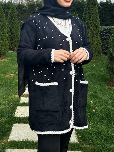 Angora Hasır Örgü Hırka - Siyah