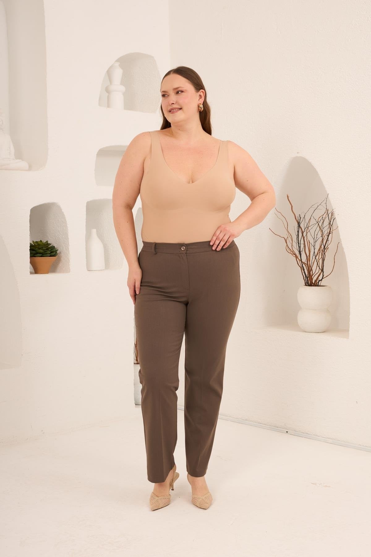 Beli Lastikli Büyük Beden Gabardin Geniş Paça Pantolon Vizon