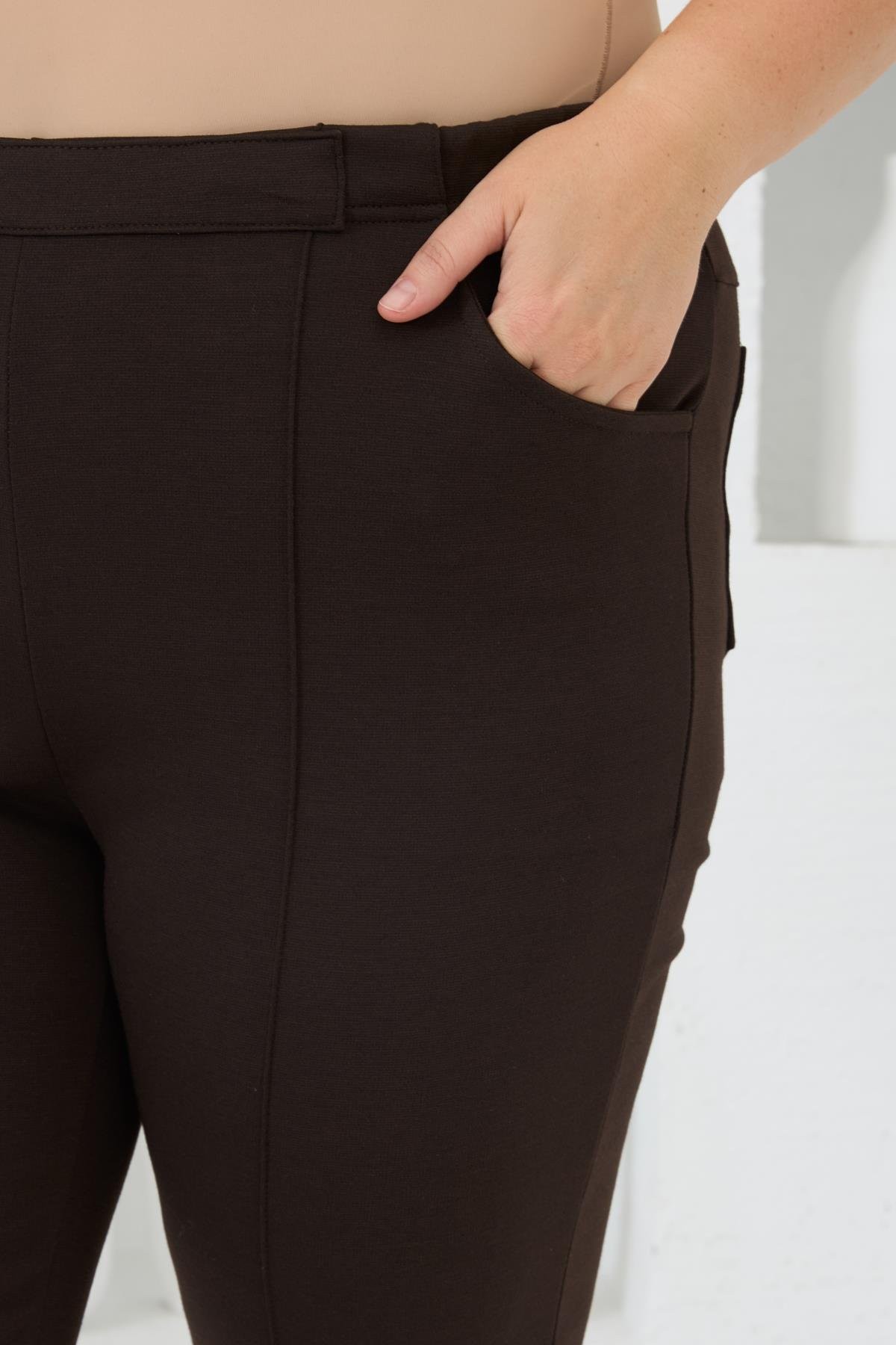 Beli Lastikli Fitilli Büyük Beden Kahve Çelik Örme Pantolon