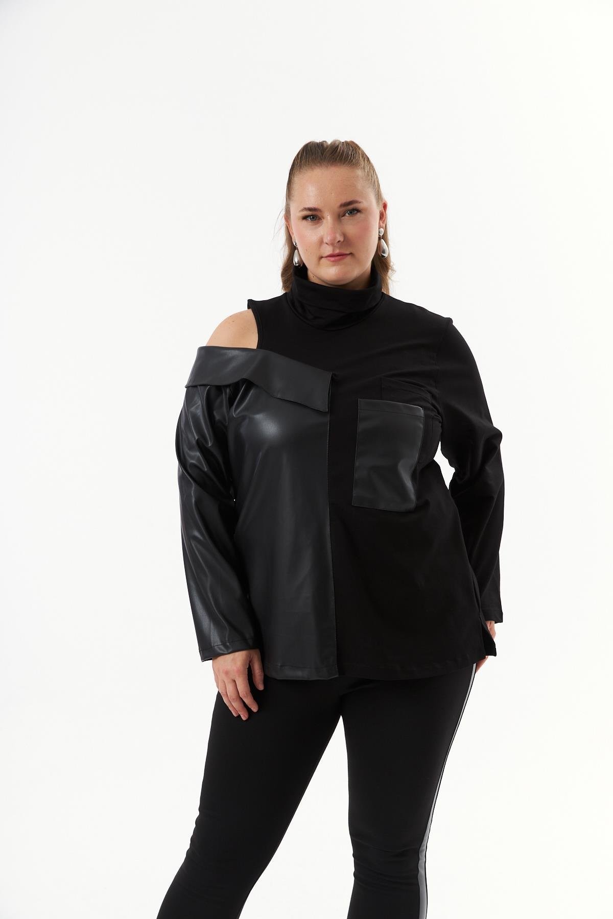 Deri Garnili Büyük Beden Sweatshirt Siyah