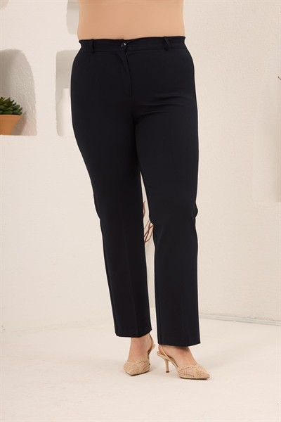 Beli Lastikli Büyük Beden Gabardin Geniş Paça Pantolon Lacivert