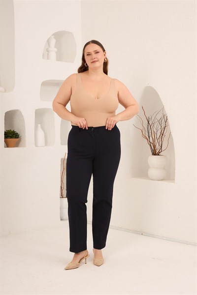 Beli Lastikli Büyük Beden Gabardin Geniş Paça Pantolon Siyah