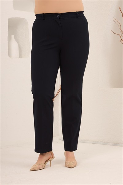 Beli Lastikli Büyük Beden Gabardin Geniş Paça Pantolon Lacivert
