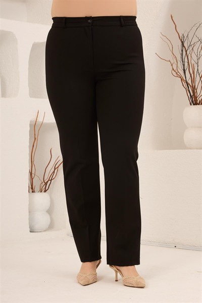 Beli Lastikli Büyük Beden Gabardin Geniş Paça Pantolon Siyah