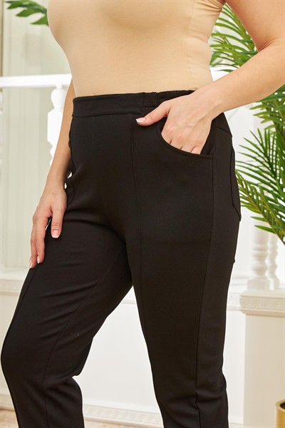 Beli Lastikli Fitilli Büyük Beden Siyah Çelik Örme Pantolon