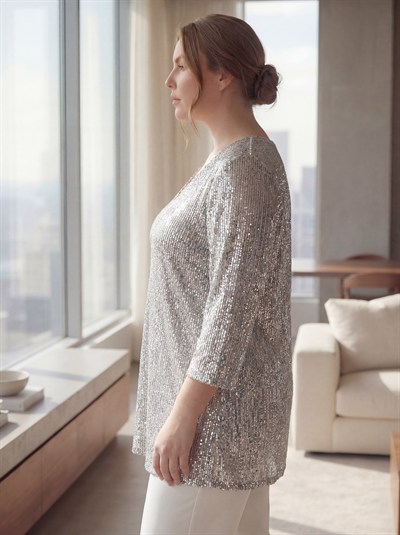Büyük Beden Astarlı Pul Payet Bluz Gümüş