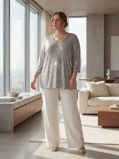 Büyük Beden Astarlı Pul Payet Bluz Gümüş