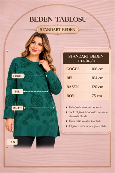 Büyük Beden Çiçek Desen Yırtmaçlı Triko Kazak Ekru
