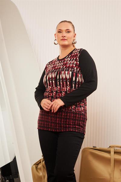 Büyük Beden Desenli Triko Bluz Bordo