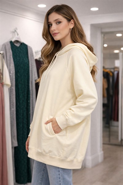 Büyük Beden Kapüşonlu Sweatşhirt Ekru